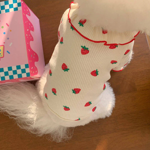 Cute Strawberry Dog Clothes. Great for Summer Breathable Clothing. Ruffled Collar Pet Shirt.