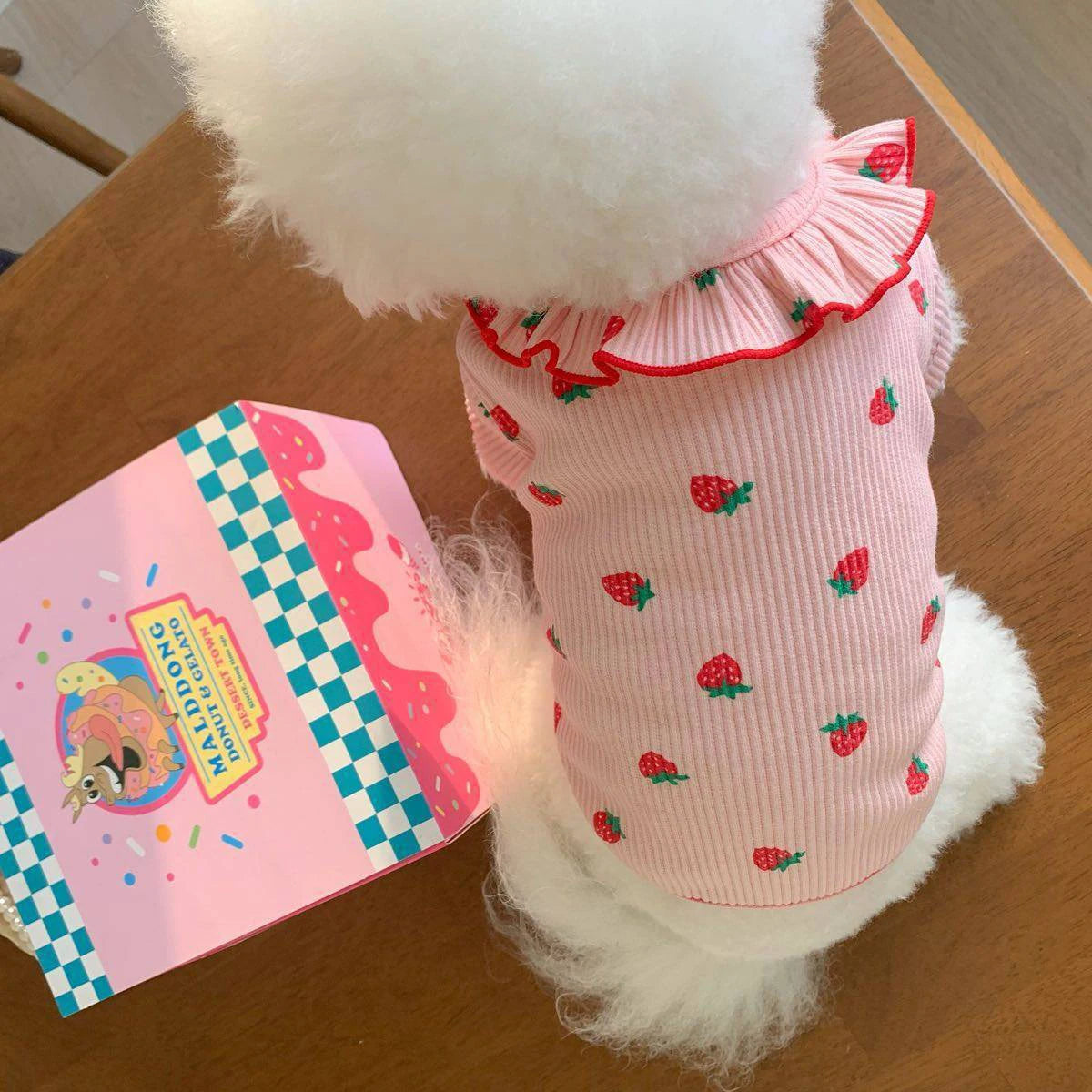 Cute Strawberry Dog Clothes. Great for Summer Breathable Clothing. Ruffled Collar Pet Shirt.